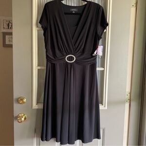 R&M Richards Black Midi Dress with V-neck and Rhinestone Detail
